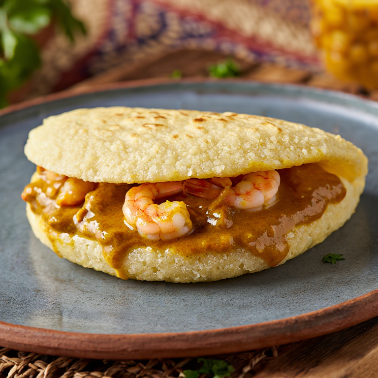 Arepa de Curry de Coco con Camarones al Estilo Territorio Británico del Océano Índico