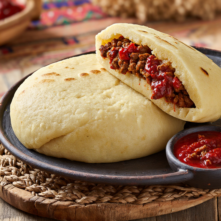 Arepa búlgara inspirada en el kebapche (Arepa de carne especiada con lyutenitsa)