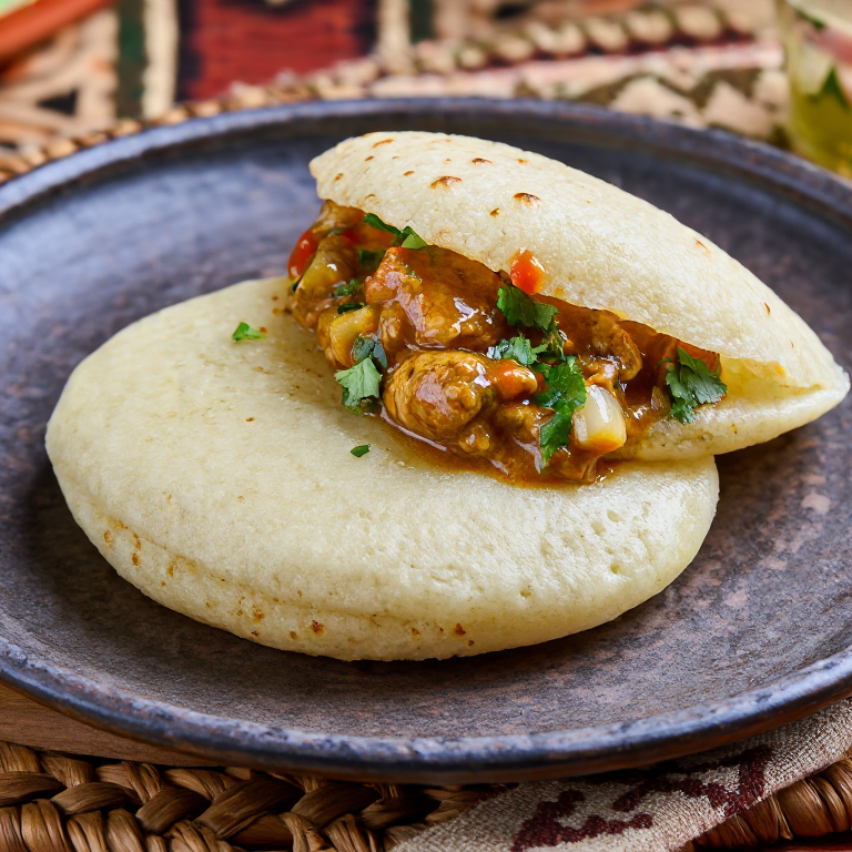 Arepa Reina de Banfora: Arepa Rellena de Pollo en Salsa de Cacahuete