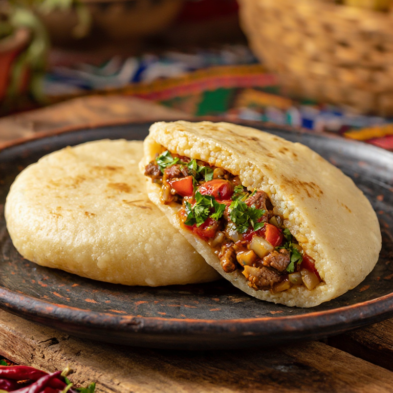 Arepa Riz au Gras: Arepa rellena de arroz con carne estilo burkinés