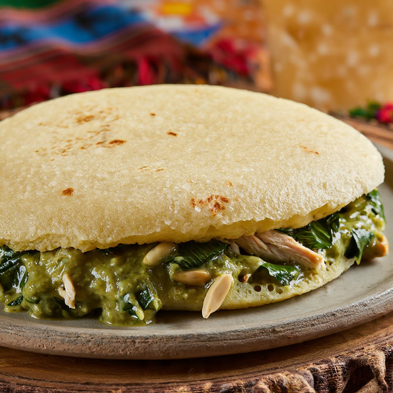 Arepa Rellena de Mucheke (Guiso de Hojas de Yuca y Maní)