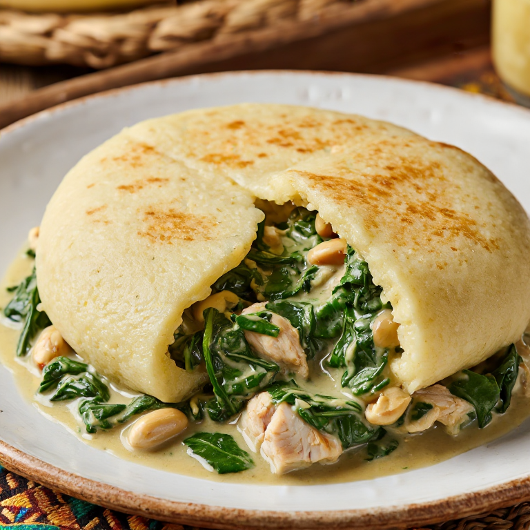 Arepa Camerunesa con Pollo en Salsa de Cacahuete y Espinacas