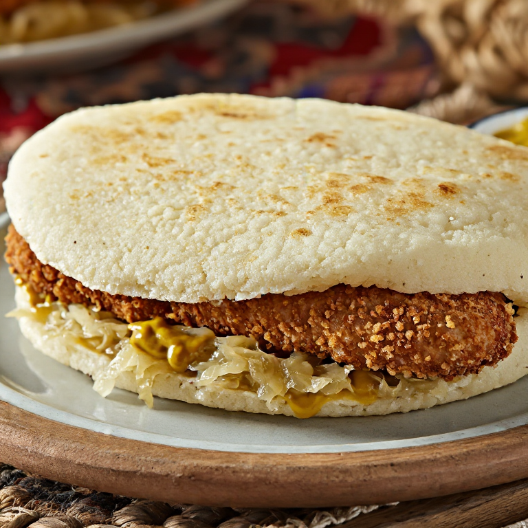 Arepa de Schnitzel con Chucrut y Mostaza