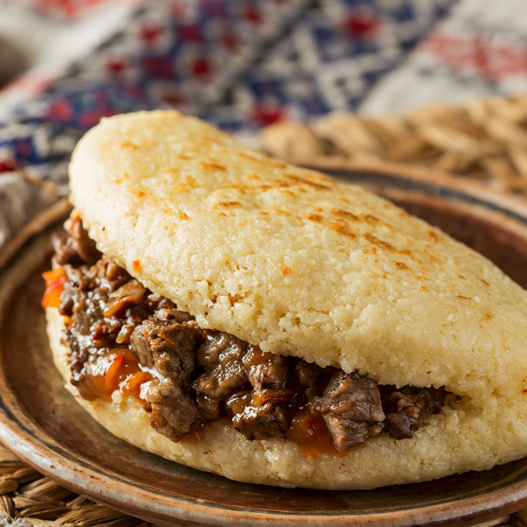 Arepa de Short Ribs Brasados al Vino con Chutney de Durazno de Niágara
