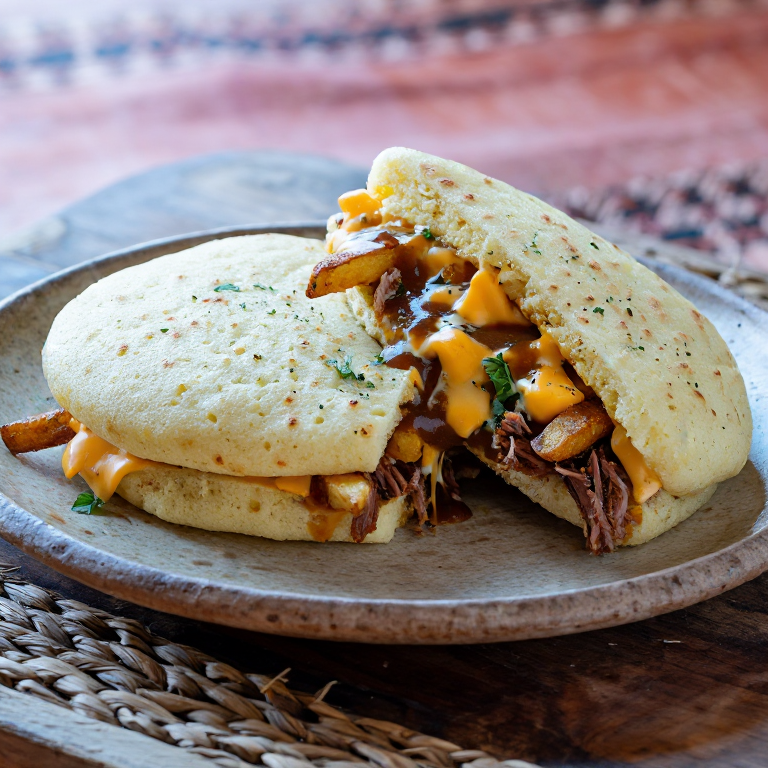 Arepa de Poutine Canadiense con Salsa de Carne y Queso Cheddar