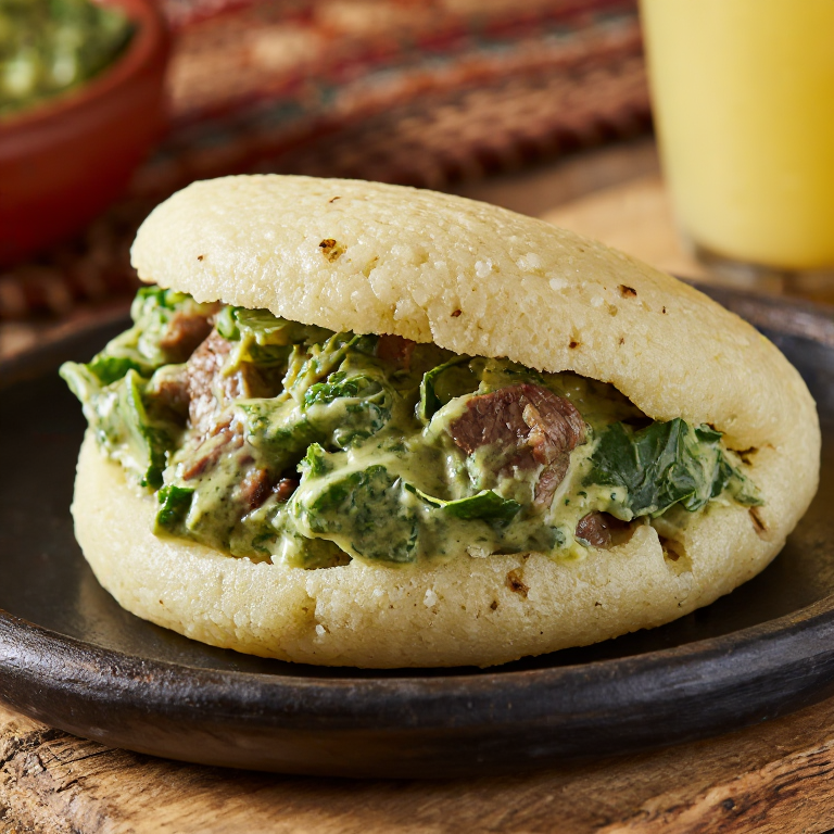 Arepa de Kanda con Salsa de Cacahuete y Hojas de Mandioca