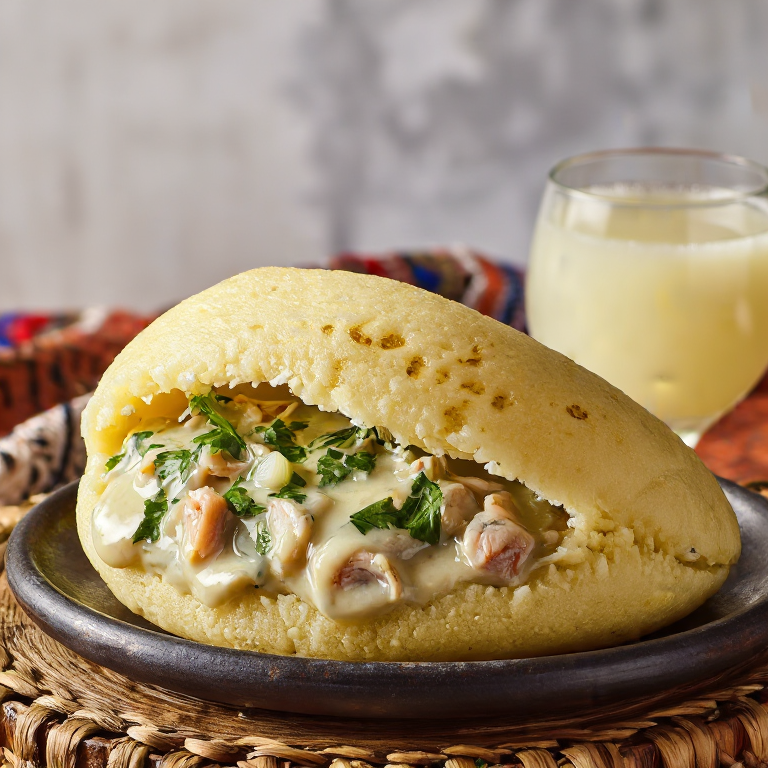 Arepa de Caldillo de Congrio (Chilean Seafood Stew Stuffed Arepa)