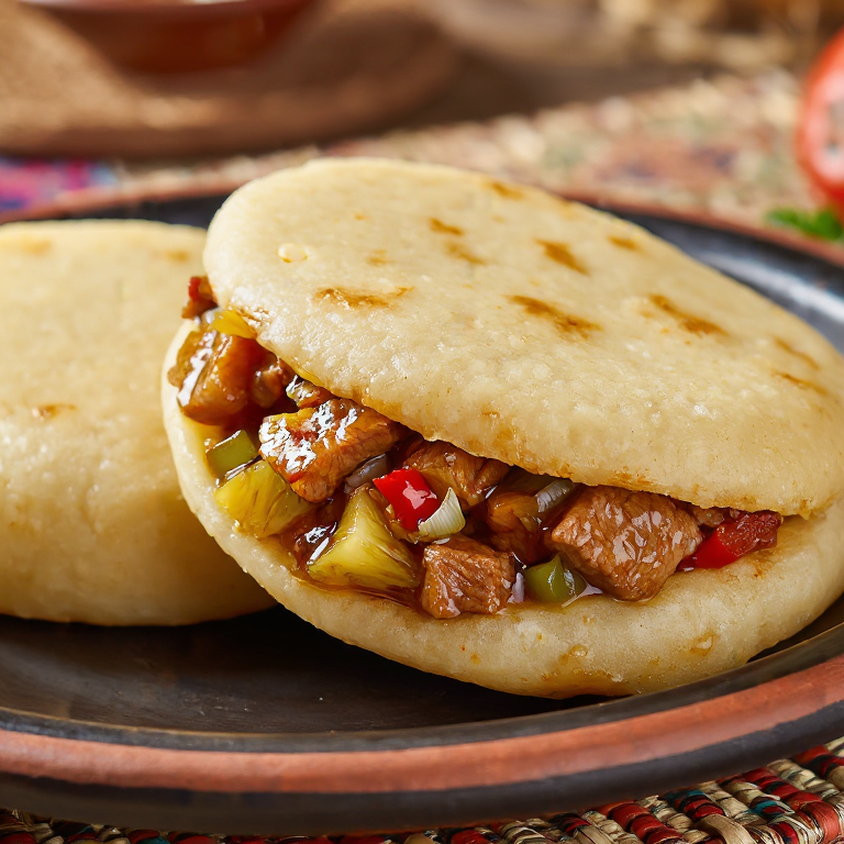 Arepa de Cerdo Agridulce con Verduras Salteadas
