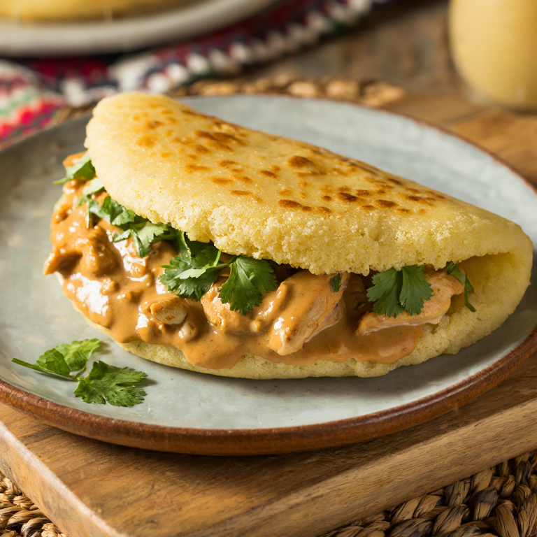 Arepa Moambé: Arepa de pollo con salsa de cacahuete y especias congoleñas