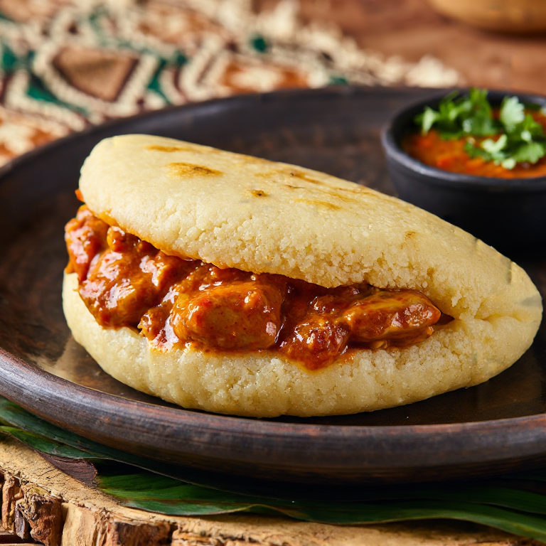 Arepa al Moambe: Arepa Rellena de Pollo en Salsa de Mantequilla de Palma