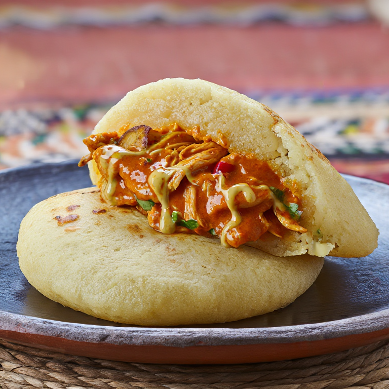 Arepa de Moambe (Arepa Rellena de Pollo en Salsa de Palma)