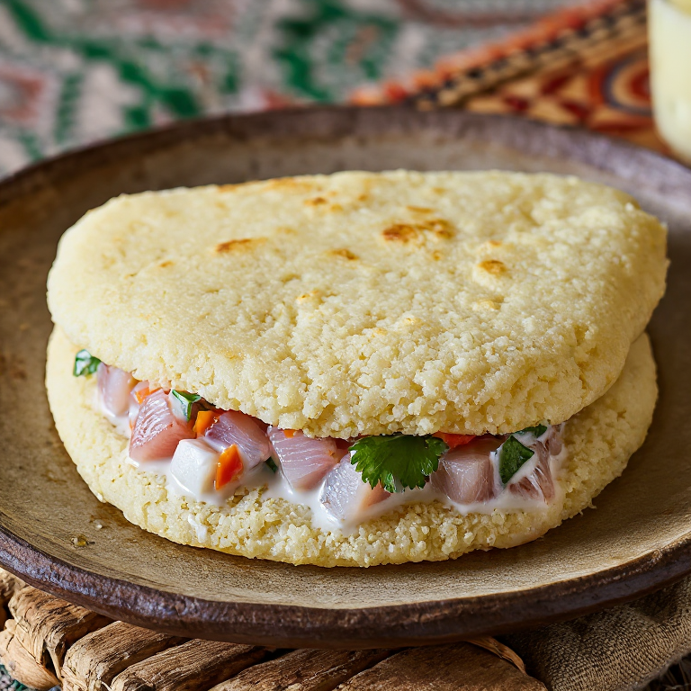 Arepa Ika Mata: Arepa de Maíz con Ceviche de Coco y Pescado Crudo de las Islas Cook