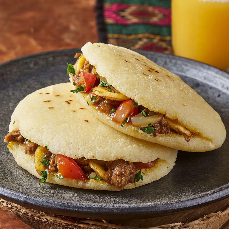 Arepa de Maíz con Pollo Kedjenou y Plátano Frito