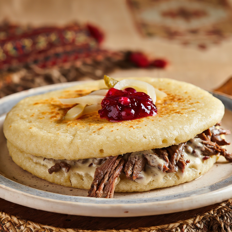 Arepa inspirada en Svíčková (crema de res checa)