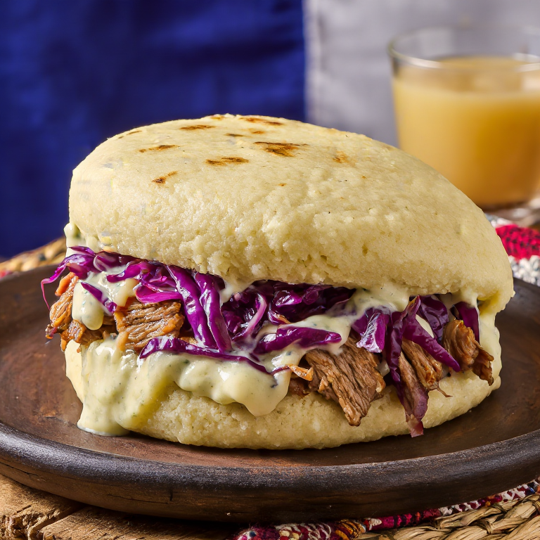 Arepa Bohemia: Arepa rellena de cerdo asado estilo checo con repollo morado y salsa de eneldo