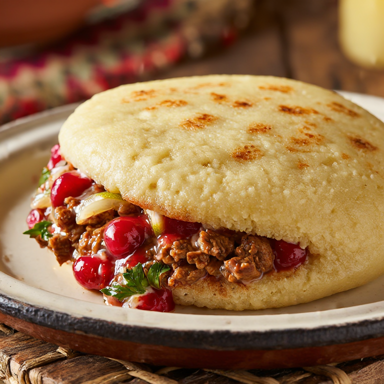 Arepa Svíčková: Arepa Rellena de Ternera en Salsa Cremosa al Estilo Checo