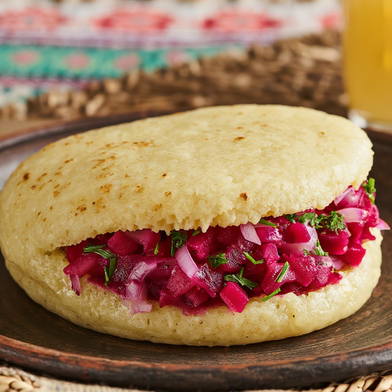 Arepa de Smørrebrød Danés: Arepa rellena con arenque encurtido y remolacha