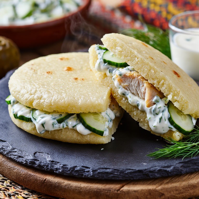 Arepa de Fiskefrikadelle con Ensalada de Pepino y Eneldo