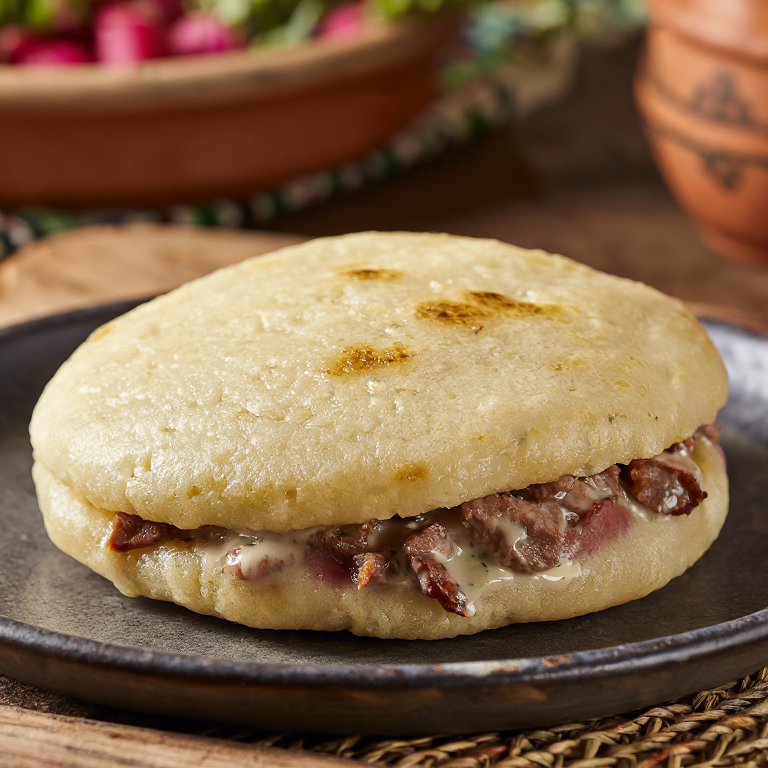 Arepa de Stegt Flæsk (Cerdo Crujiente Danés con Salsa de Perejil)