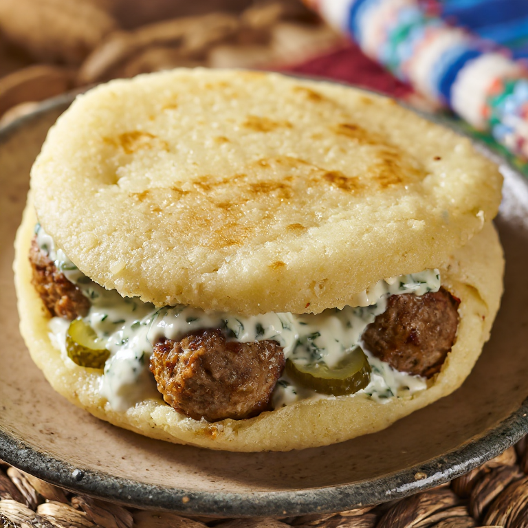 Arepa Frikadeller con Salsa de Eneldo y Pepinillos