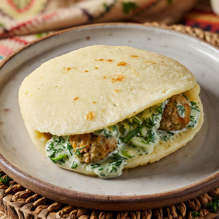 Arepa de Frikadeller con Salsa Cremosa de Eneldo
