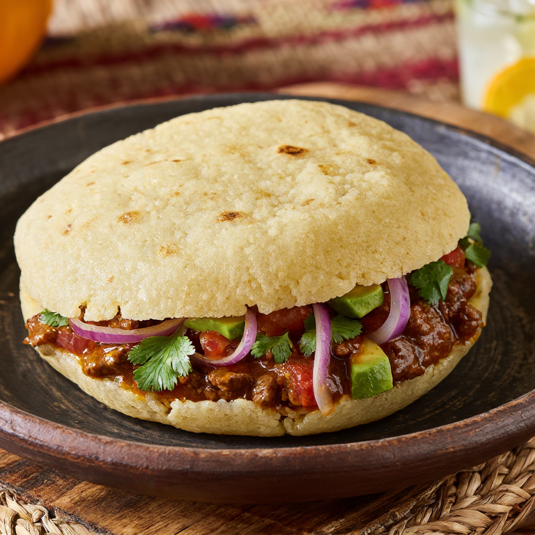 Arepa de Chivo Guisado (Dominican Stewed Goat Arepa)