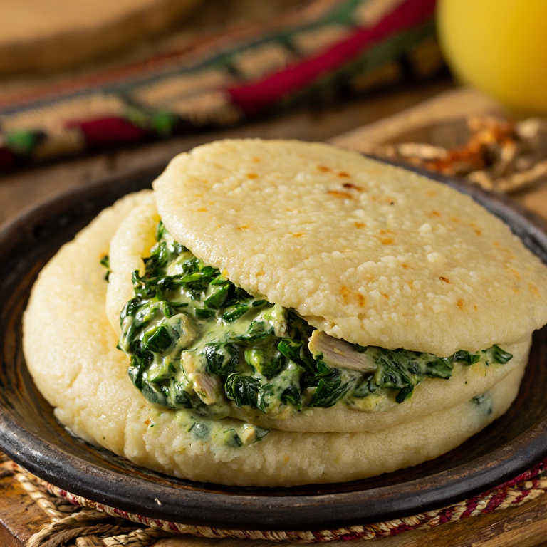 Arepa de Timor Oriental con Pollo al Coco y Espinacas