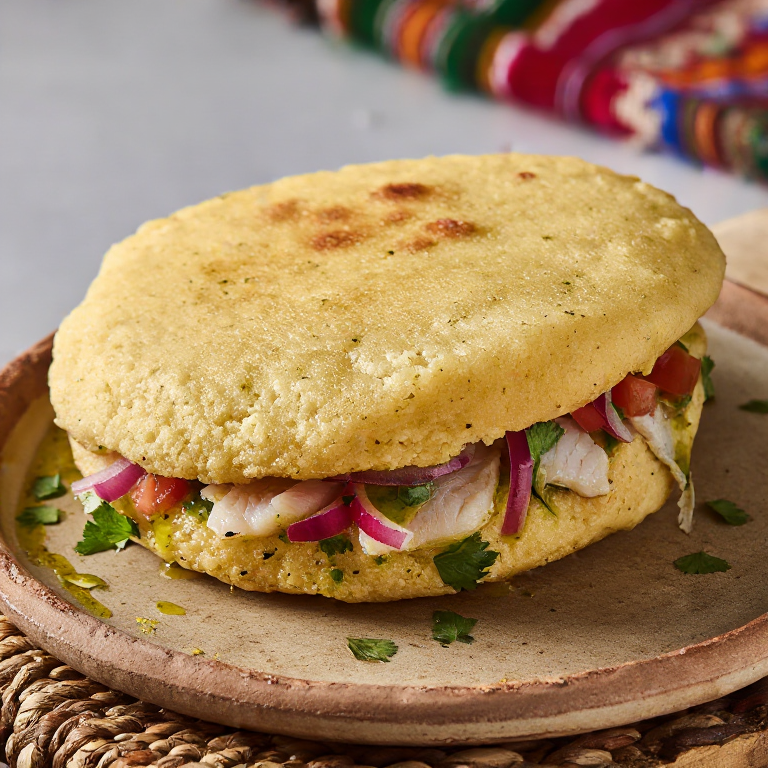 Arepa de Encebollado (Arepa Rellena con Pescado y Cebolla Encurtida)