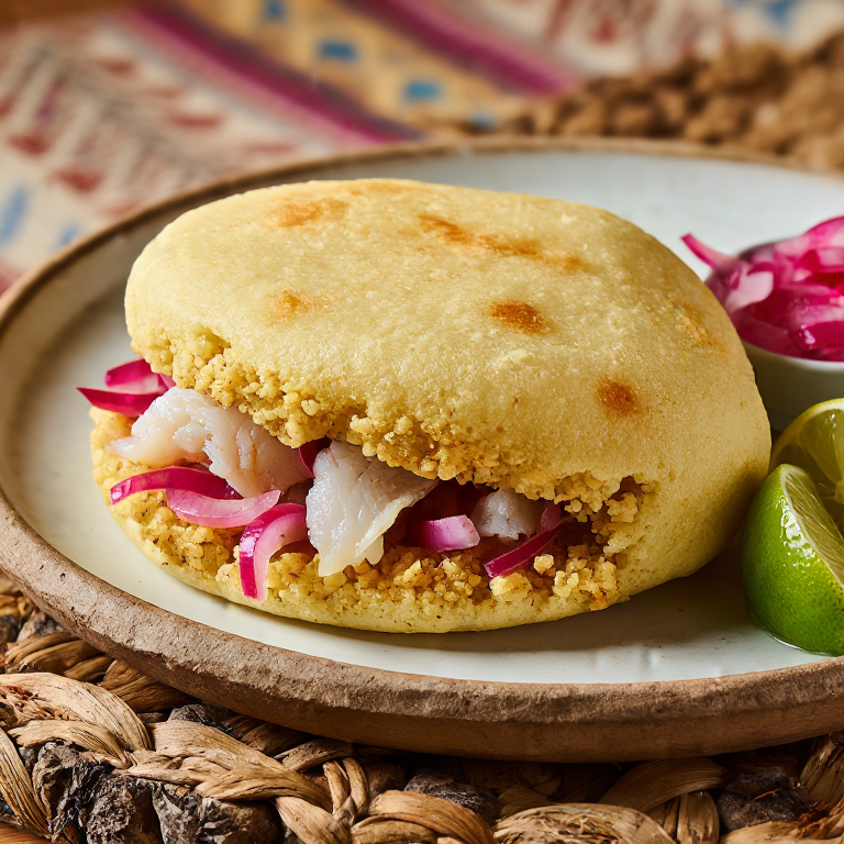 Arepa de Encebollado (Arepa de Pescado con Yuca y Cebolla Encurtida)