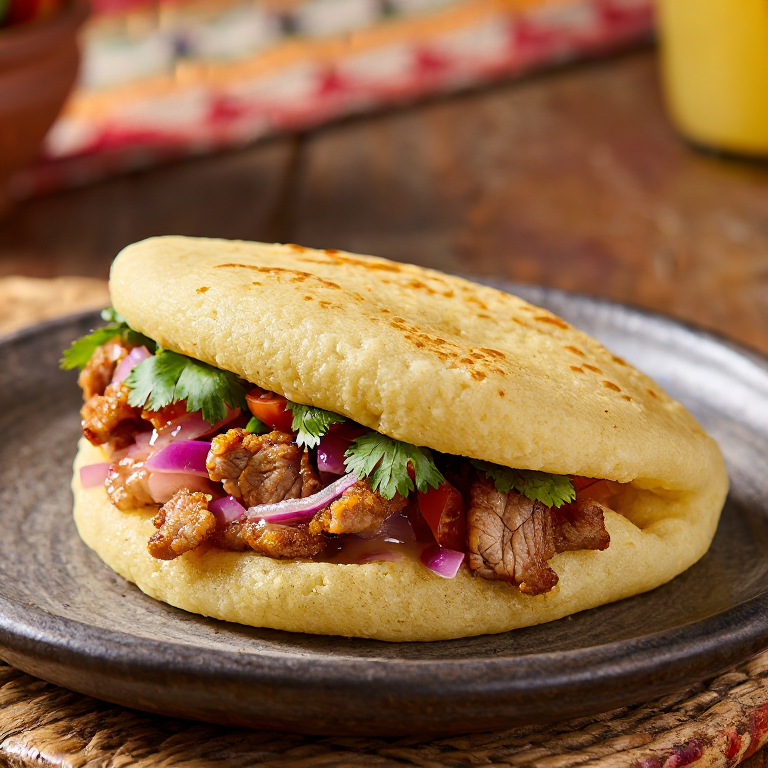 Arepa de Mote Rellena de Fritada (Chugucaras Fusion)
