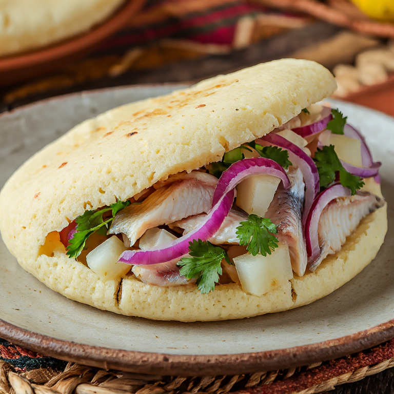 Arepa de Encebollado (Rellena de Pescado, Yuca y Curtido de Cebolla)
