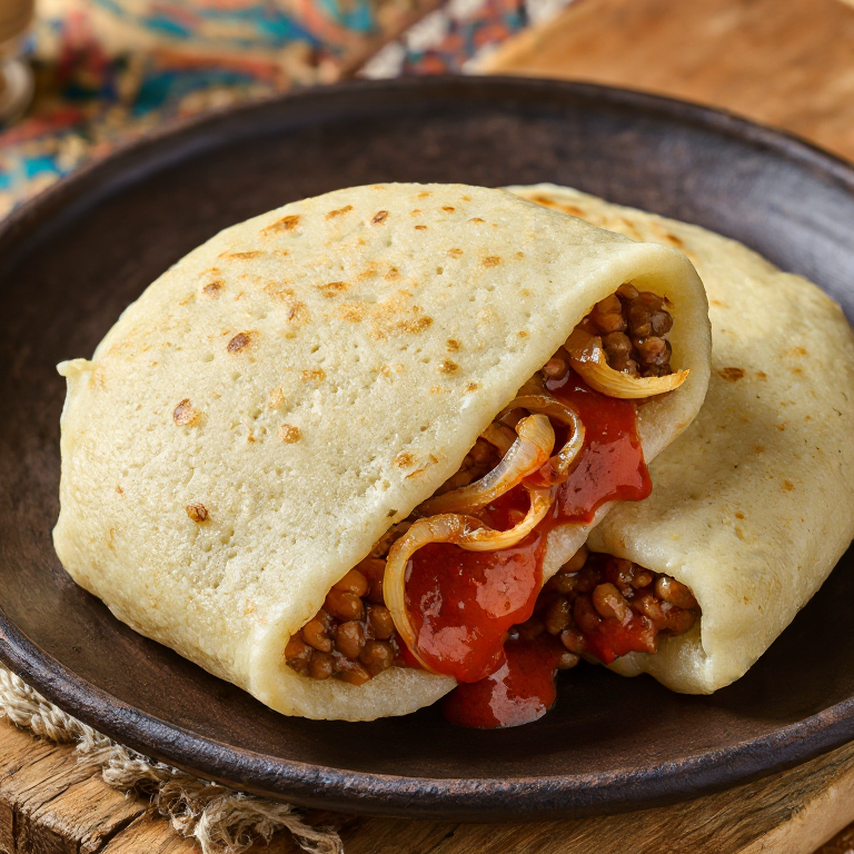 Arepa de Koshari Egipcio: Fusión de Maíz y Lentejas con Salsa de Tomate Picante