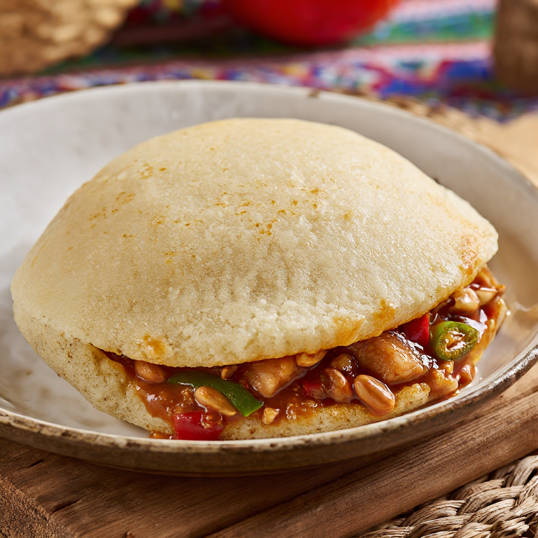 Arepa rellena de Mbat (estofado de pescado y cacahuete)