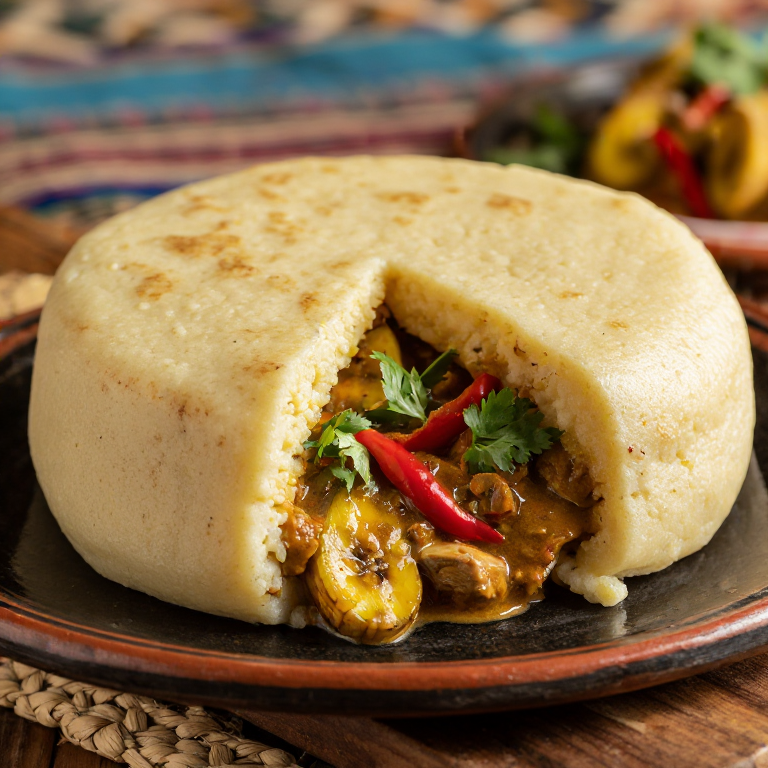 Arepa de Salsa de Cacahuete con Pollo y Plátano Macho