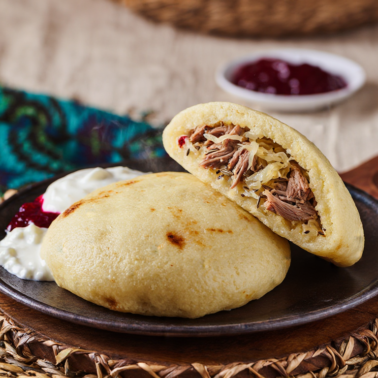 Arepa rellena de cerdo estofado y chucrut (inspirada en Mulgikapsad)