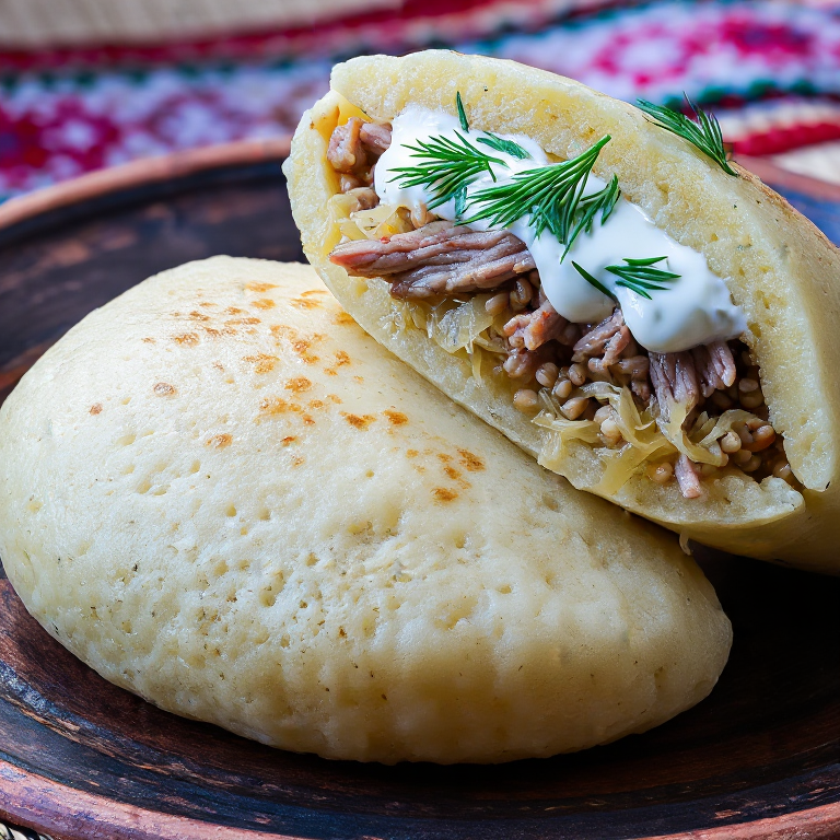 Arepa rellena de Mulgikapsad (estofado estonio de cerdo y chucrut)