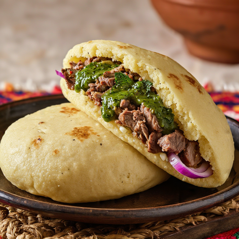 Arepa Malvinera con Cordero Asado y Salsa de Menta