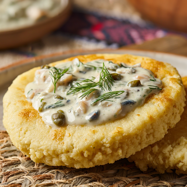 Arepa de Chowder de Mariscos de las Malvinas