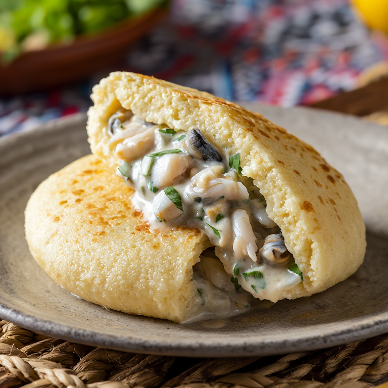 Arepa Rellena de Mariscos al Estilo Islas Malvinas (Falkland Islands Seafood Chowder Arepa)