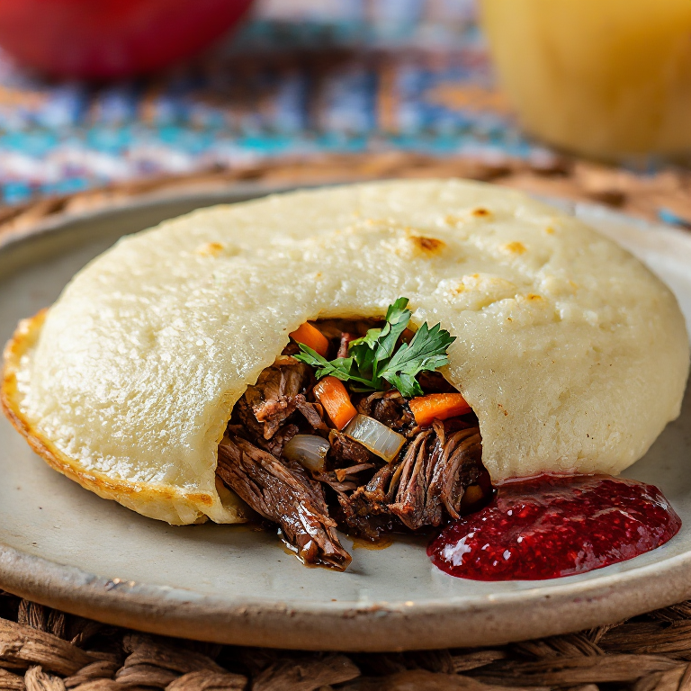 Arepa de Ræst Kjøt (Cordero Fermentado) con Compota de Ruibarbo