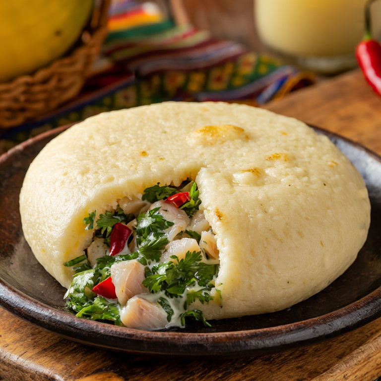 Arepa Fiyiana con Pescado en Leche de Coco y Taro