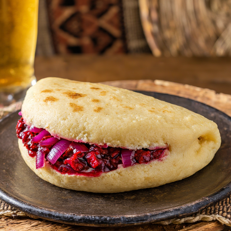 Arepa Rellena de Mustamakkara con Mermelada de Arándanos Rojos