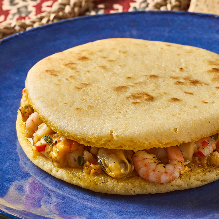 Arepa Provenzal con Bouillabaisse de Mariscos