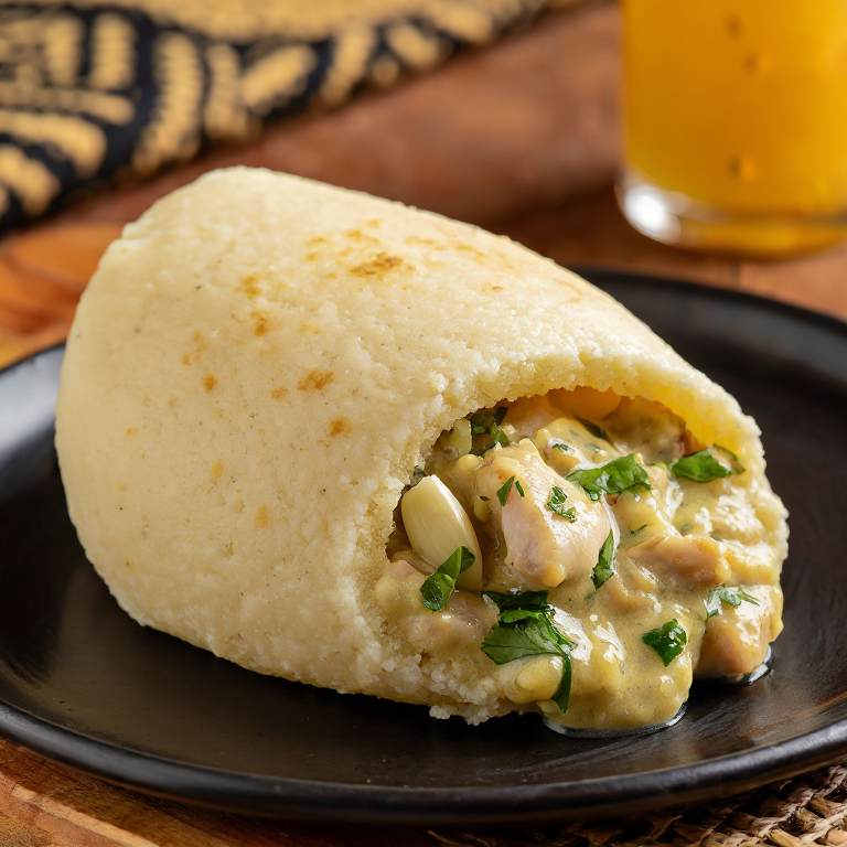 Arepa Domoda: Arepa Rellena de Estofado de Maní y Pollo al Estilo Gambiano
