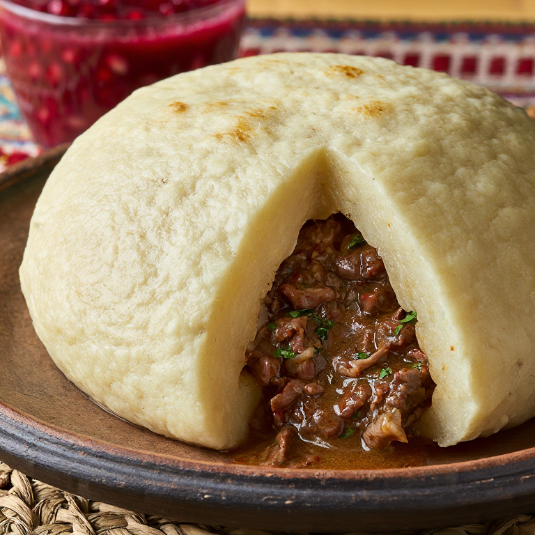 Arepa rellena de carne estilo khinkali