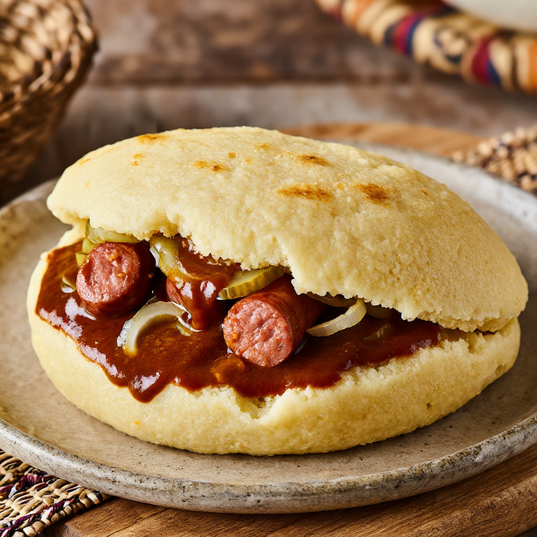 Arepa de Currywurst (Arepa Rellena de Salchicha Alemana con Salsa de Curry)