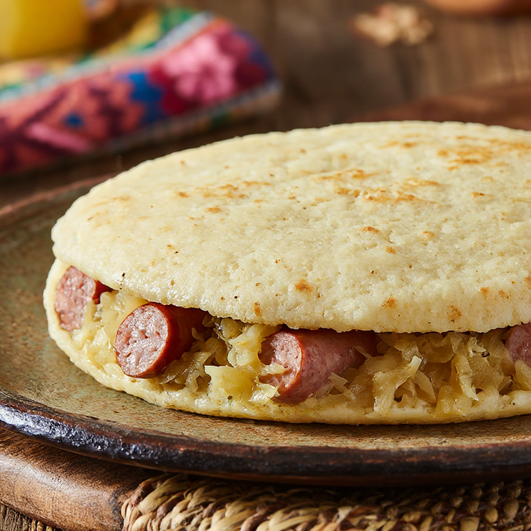 Arepa de Bratwurst y Chucrut: Fusión Alemana en Harina de Maíz