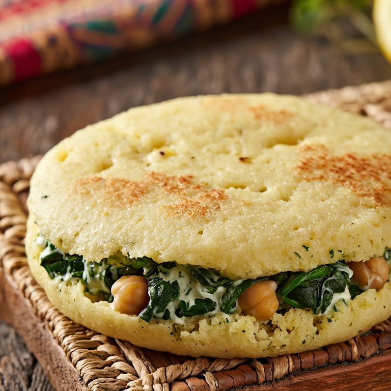 Arepa de inspiración gibraltareña con masa de calentita y relleno de espinacas y garbanzos