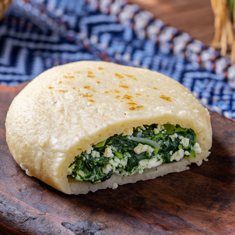 Arepa rellena de espinacas y queso feta (estilo spanakopita)
