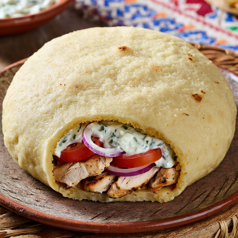 Arepa de Souvlaki con Tzatziki